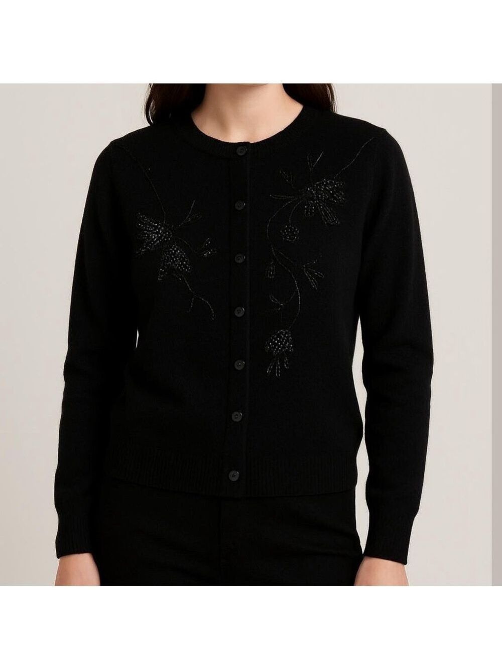 Vintage Michelle Simon cardigan button up sweater black beaded embellishments M